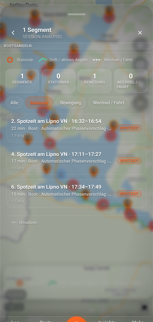 Session-Analyse: Liste der Phasen (BiteMap Pro): 1 Filter, 2 Phasenzeile, 3 Abzeichen