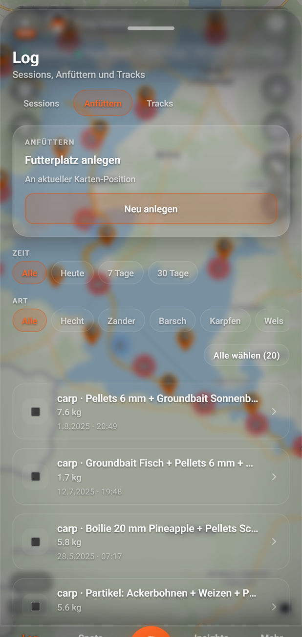 Log: Reiter Anfüttern: 1 ANFÜTTERN, 2 Neu anlegen, 3 Filter, 4 Futterplatz auswählen, 5 Futterplatz-Zeile