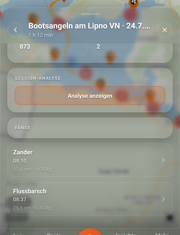 Session-Detail: Analyse und Fänge (BiteMap Pro): 1 Analyse anzeigen, 2 FÄNGE, 3 Fangzeile