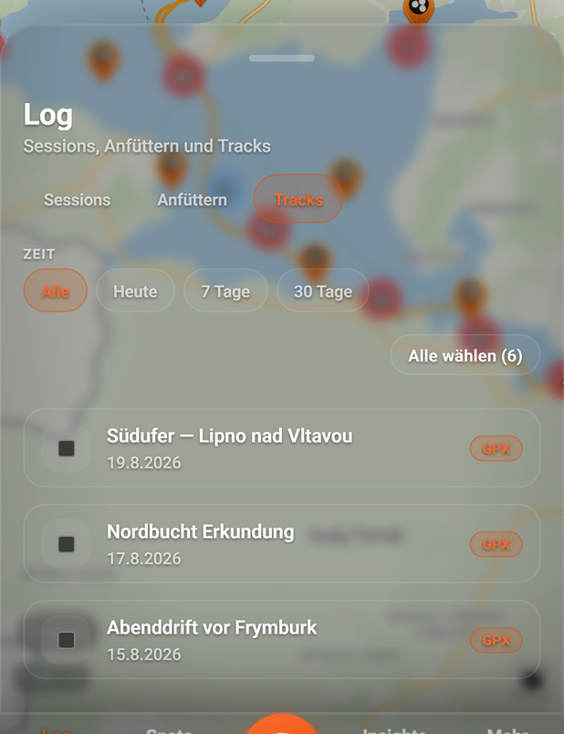 Log: Reiter Tracks: 1 Filter, 2 Trackzeile, 3 Track auswählen, 4 Tracks, 5 Abzeichen