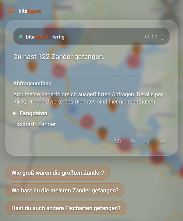 Eine Antwort von biteAgent (BiteMap Pro): 1 ✦ biteAgent, 2 „biteAgent · fertig“, 3 Antworttext, 4 Aktionen, 5 Anschlussfragen