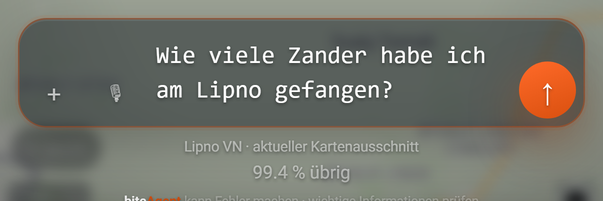 Eine Frage an biteAgent eingeben (BiteMap Pro): 1 Eingabefeld, 2 Senden, 3 Gewässer, 4 Restkontingent