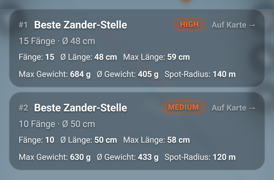 Rangliste in einer biteAgent-Antwort (BiteMap Pro): 1 Auf Karte →, 2 Eintrag