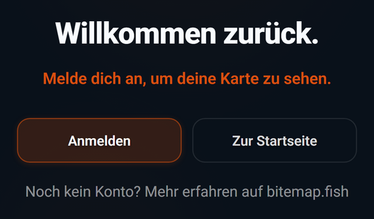 Anmeldebildschirm im Browser: 1 Willkommen zurück., 2 Anmelden, 3 Noch kein Konto? Mehr erfahren auf bitemap.fish, 4 Zur Startseite