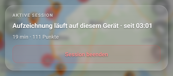 Die Karte der laufenden Session im Log-Fenster: 1 Untertitel, 2 AKTIVE SESSION, 3 Session beenden