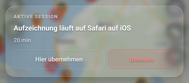 Die Karte der laufenden Session auf einem zweiten Gerät: 1 AKTIVE SESSION, 2 Untertitel, 3 Hier übernehmen, 4 Beenden