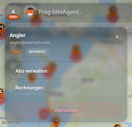 Das Benutzermenü im Browser (BiteMap Pro): 1 Benutzermenü öffnen, 2 Dein Name und darunter deine E-Mail-Adresse., 3 Plan-Badge, 4 Mitte des Menüs, 5 Abmelden, 6 Schließen