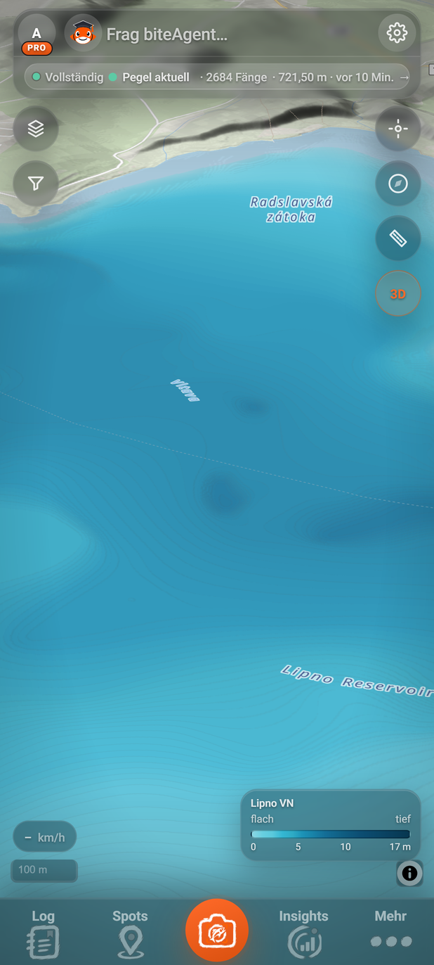 Die Karte in 3D, gedreht und geneigt, am Lipno (BiteMap Pro): 1 Nord setzen, 2 3D, 3 Alte Flussrinne