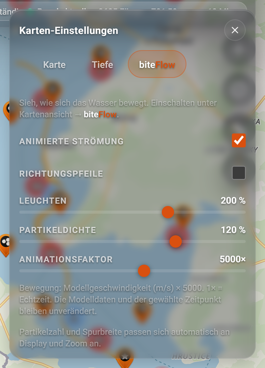 Karten-Einstellungen, Reiter biteFlow: 1 biteFlow, 2 Animierte Strömung, 3 Richtungspfeile, 4 Leuchten, 5 Partikeldichte, 6 Animationsfaktor