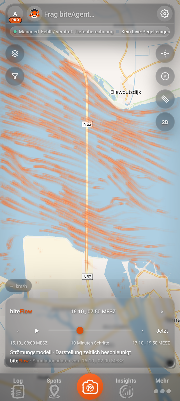 biteFlow an der Westerschelde (BiteMap Pro): 1 Kartenansicht, 2 biteFlow Zeitsteuerung, 3 Leuchtende Spuren
