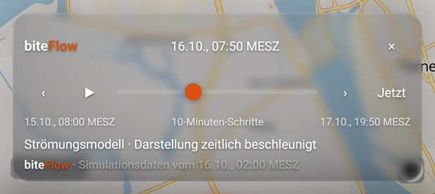 Zeitsteuerung von biteFlow (BiteMap Pro): 1 ▶, 2 Zeitpunkt, 3 ›, 4 ‹, 5 Statuszeile, 6 ×, 7 Jetzt, 8 Zeitregler