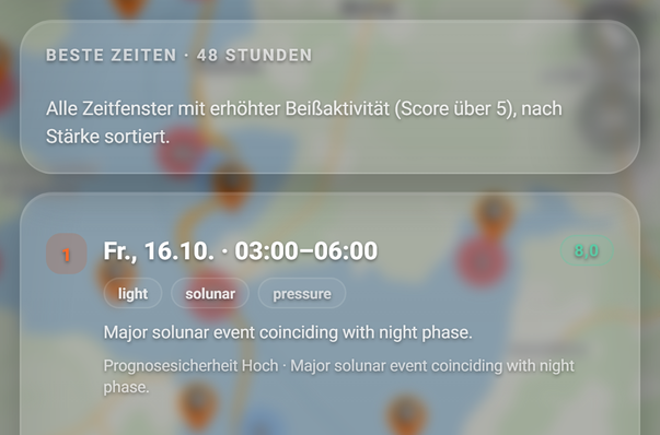 biteGuru: die besten Zeitfenster (BiteMap Pro): 1 Beste Zeiten · 48 Stunden, 2 Zeitfenster, 3 Rang, 4 Wert