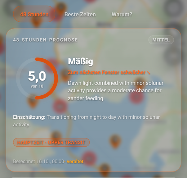 biteGuru: die 48-Stunden-Prognose (BiteMap Pro): 1 Ansichten, 2 Wert, 3 Prognosesicherheit, 4 Bewertung, 5 Trend, 6 Berechnet