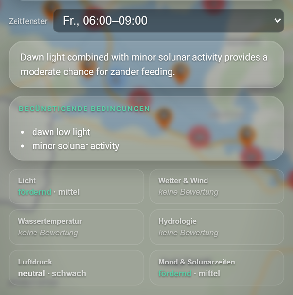 biteGuru: Zeitfenster und Einflussfaktoren (BiteMap Pro): 1 Zeitfenster, 2 Einflussfaktoren, 3 Luftdruck