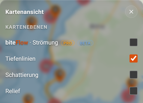 Kartenansicht: Gelände- und Analyse-Ebenen: 1 Pro, 2 Beta, 3 biteFlow · Strömung, 4 Tiefenlinien, 5 Schattierung, 6 Relief, 7 Schließen, 8 Kästchen