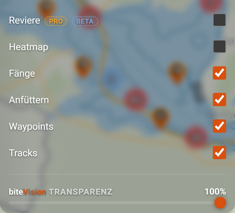 Kartenansicht: Reviere, Heatmap, eigene Daten und biteVision: 1 Reviere, 2 Heatmap, 3 Fänge, 4 Anfüttern, 5 Waypoints, 6 Tracks, 7 biteVision Transparenz