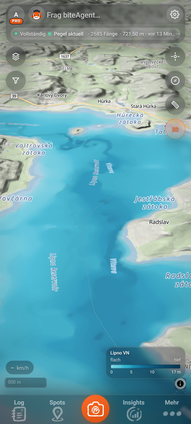 Der Lipno in 3D (BiteMap Pro): 1 3D, 2 Tiefenlegende