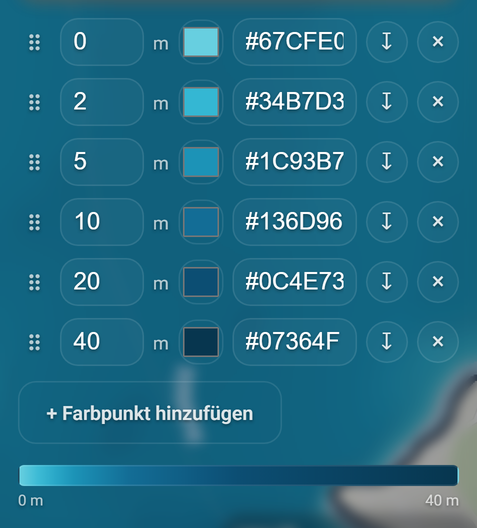 Eigene Tiefenfarben (Benutzerdefiniert): 1 ⠿), 2 Tiefe in Metern, 3 Farbfeld, 4 Farbwert, 5 ↧, 6 ×, 7 + Farbpunkt hinzufügen, 8 Vorschau