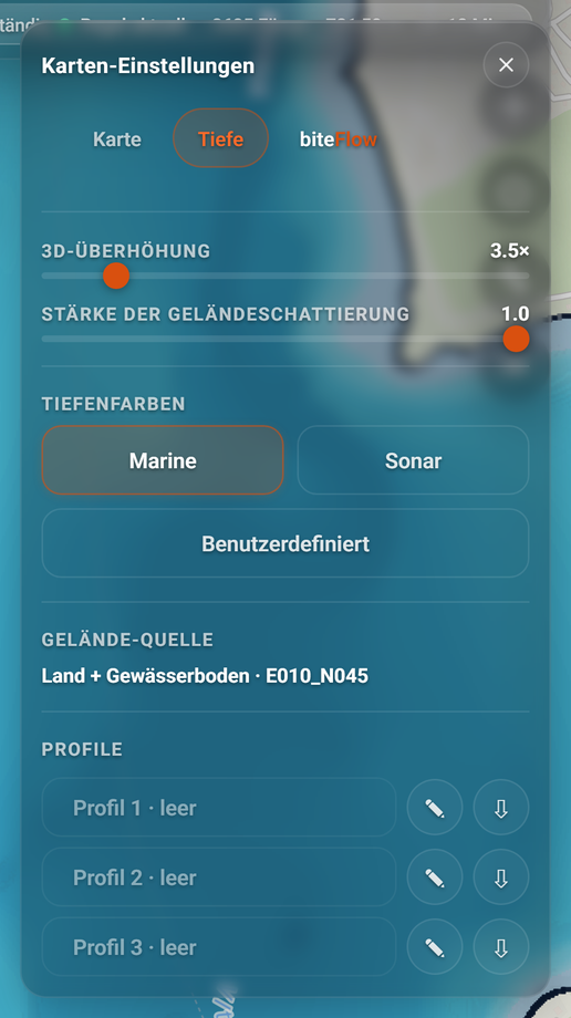 Karten-Einstellungen, Reiter Tiefe: 1 Tiefe, 2 3D-Überhöhung, 3 Marine, 4 Stärke der Geländeschattierung, 5 Sonar, 6 Benutzerdefiniert, 7 Gelände-Quelle, 8 Profile