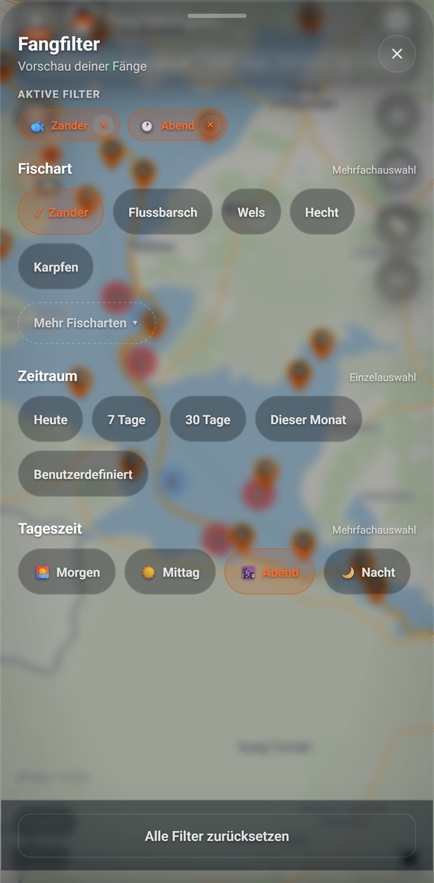 Fangfilter mit zwei aktiven Filtern: 1 Fangfilter, 2 Aktive Filter, 3 Fischart, 4 Zeitraum, 5 Tageszeit, 6 Alle Filter zurücksetzen, 7 Schließen