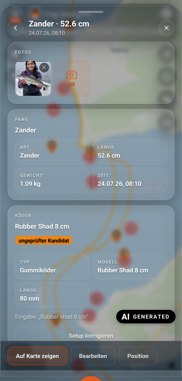 Fang-Detail: Kopf und obere Karten: 1 Titel, 2 Zurück, 3 FOTOS, 4 FANG, 5 Schließen. Fangfoto: KI-generiertes Beispielbild (AI GENERATED)