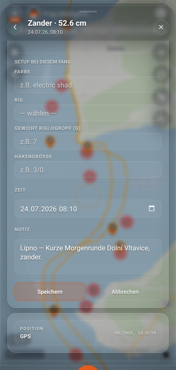 Formular zum Bearbeiten: Setup, Zeit und Notiz: 1 SETUP BEI DIESEM FANG, 2 Farbe, 3 Rig, 4 Gewicht Rig/Jigkopf, 5 Hakengröße, 6 Zeit, 7 Notiz, 8 Speichern