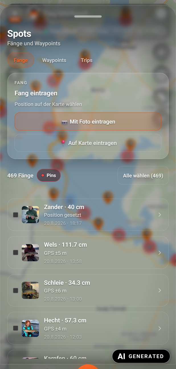 Spots-Fenster: die Liste der Fänge: 1 Fänge, 2 Waypoints, 3 Fang eintragen, 4 Zähler, 5 Pins, 6 Alle wählen. Fangfoto: KI-generiertes Beispielbild (AI GENERATED)