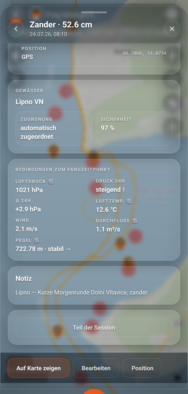 Fang-Detail: untere Karten und Fußleiste: 1 GEWÄSSER, 2 BEDINGUNGEN ZUM FANGZEITPUNKT, 3 Teil der Session, 4 Auf Karte zeigen, 5 Position, 6 Bearbeiten