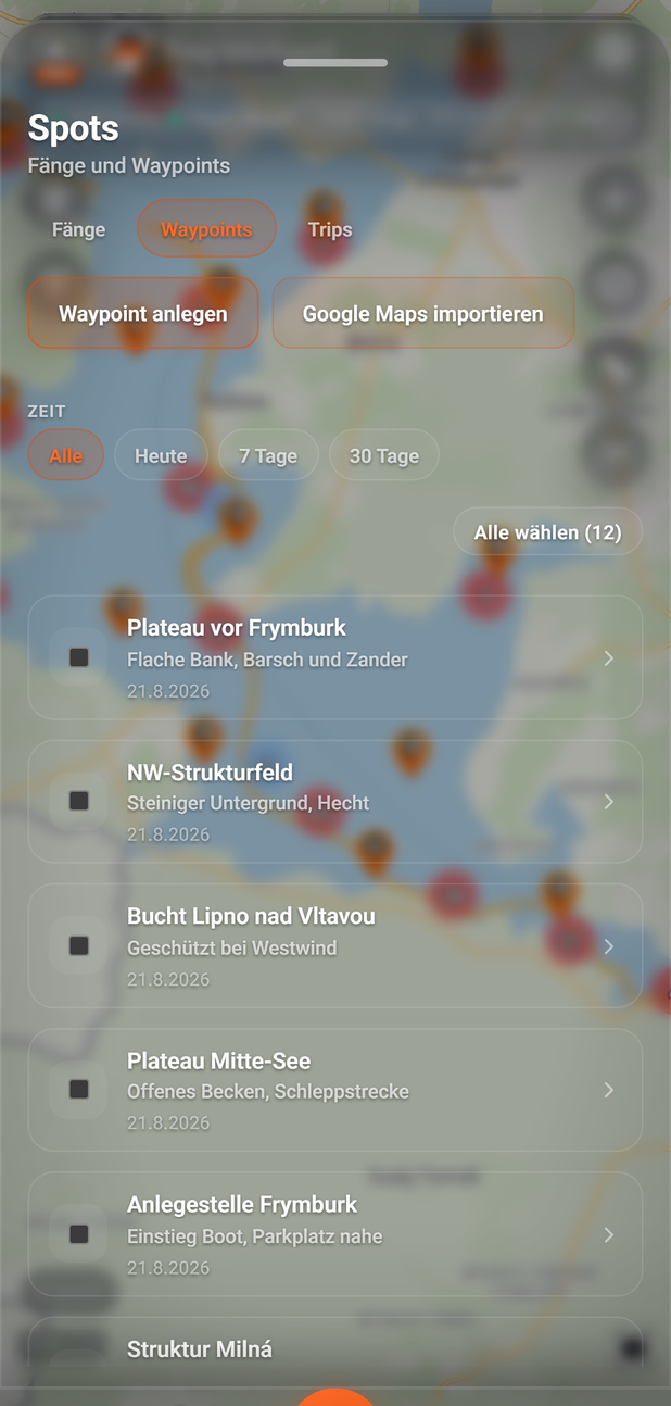 Spots-Fenster: die Liste der Waypoints: 1 Waypoints, 2 Waypoint anlegen, 3 Zeit, 4 Google Maps importieren, 5 Waypoint-Zeile