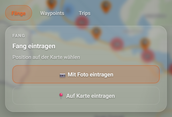 Spots, Reiter Fänge: die Karte zum Eintragen: 1 Reiter Fänge, 2 📷 Mit Foto eintragen, 3 📍 Auf Karte eintragen
