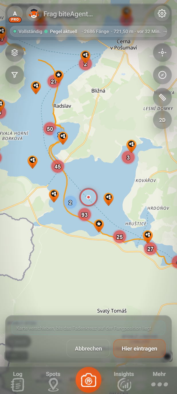Karte mit Fadenkreuz: 1 Fadenkreuz, 2 Hinweis, 3 Abbrechen, 4 Hier eintragen
