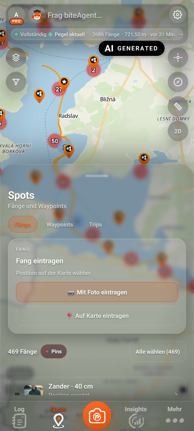 Ein Fenster über der Karte: Spots: 1 Titel, 2 Reiter, 3 Aktiver Reiter, 4 Griff. Fangfoto: KI-generiertes Beispielbild (AI GENERATED)