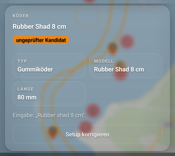 Fang-Detail: die Karte KÖDER: 1 Name des Köders, 2 KÖDER, 3 Eingabe: „…", 4 Setup korrigieren