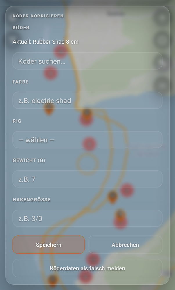 Das Formular KÖDER KORRIGIEREN: 1 Köder, 2 Farbe, 3 Speichern, 4 Abbrechen