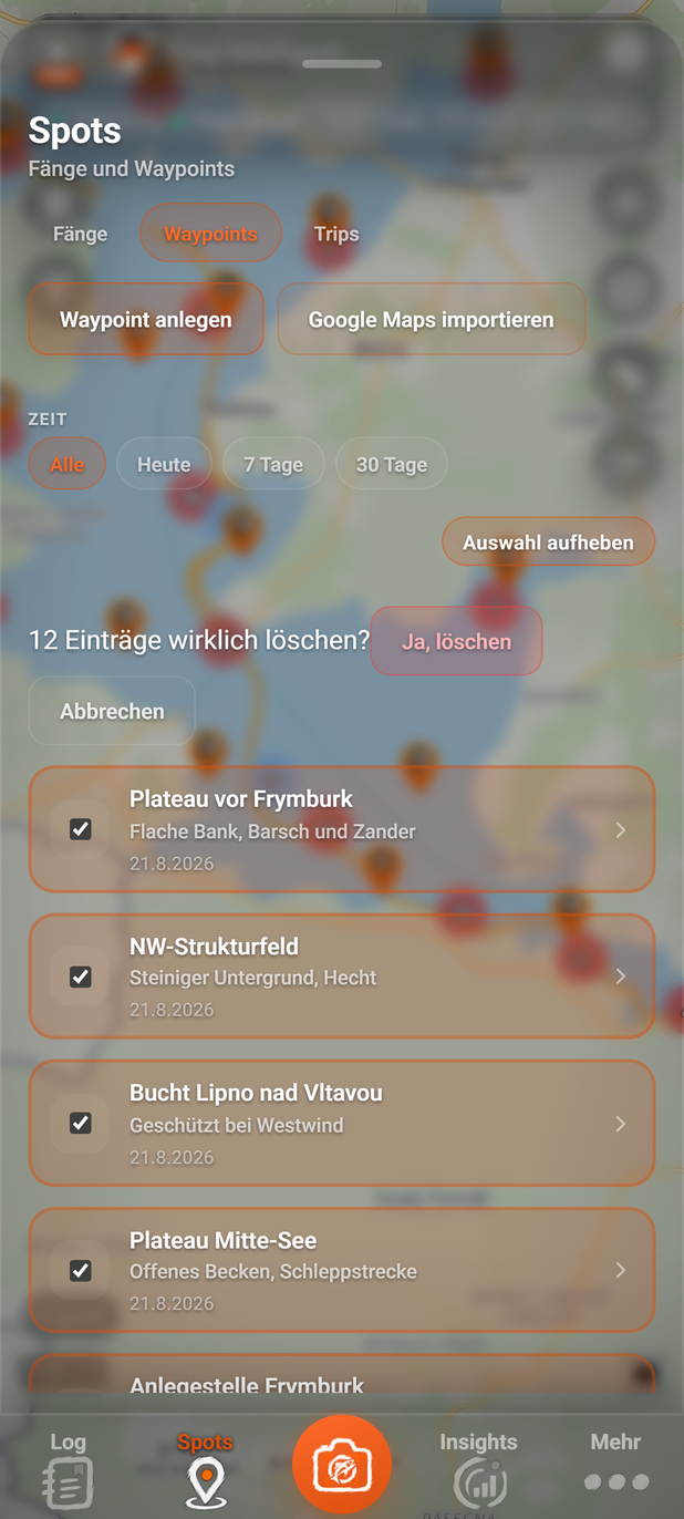 Spots, Reiter Waypoints: alle Einträge gewählt und die Frage zum Löschen: 1 Zeit, 2 Frage der Leiste, 3 Abbrechen, 4 Auswahl aufheben, 5 Ja, löschen, 6 Gewählte Zeile