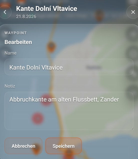 Waypoint-Detail: Name und Notiz bearbeiten: 1 Name, 2 Notiz, 3 Abbrechen, 4 Speichern