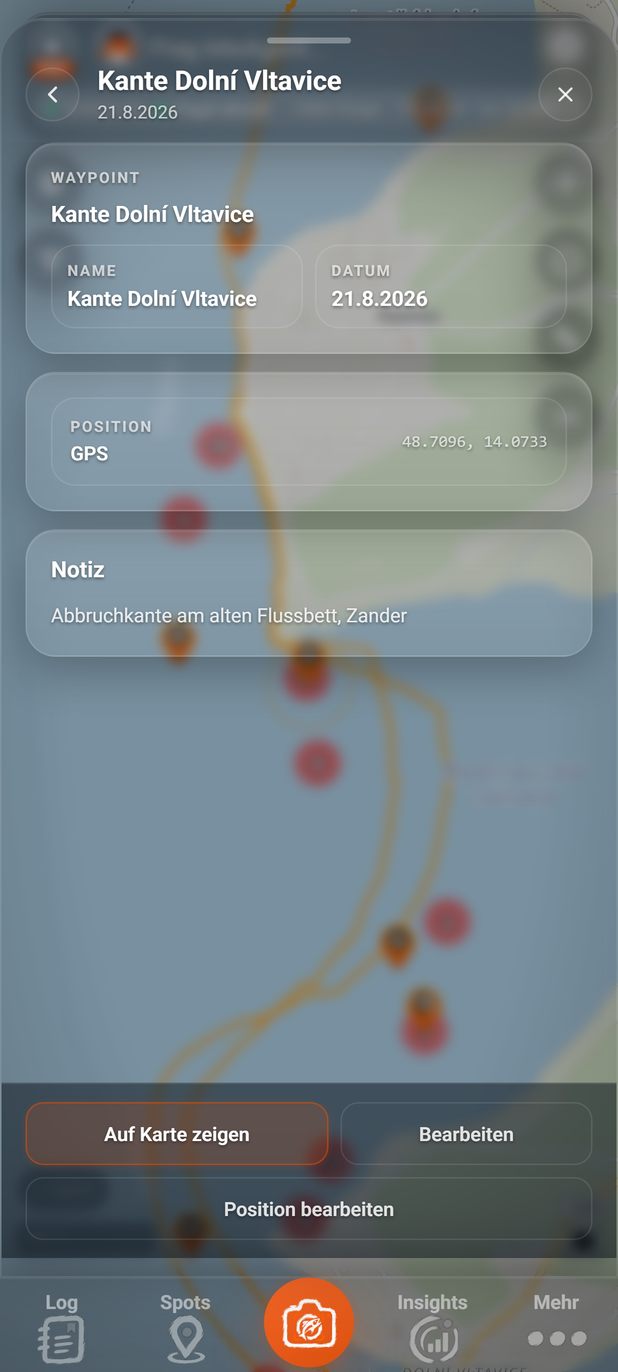 Das Waypoint-Detail: 1 Titel, 2 Waypoint, 3 Position, 4 Notiz, 5 Auf Karte zeigen, 6 Bearbeiten, 7 Position bearbeiten