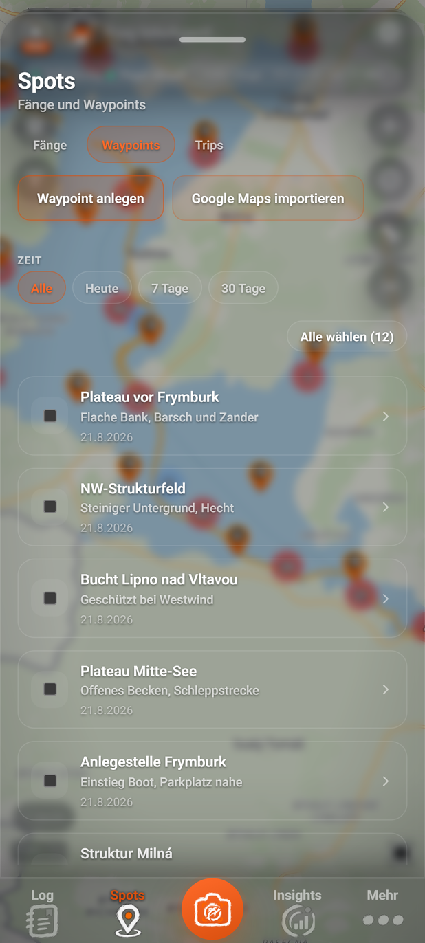 Spots: der Reiter Waypoints: 1 Waypoints, 2 Waypoint anlegen, 3 Zeit, 4 Google Maps importieren, 5 Alle wählen