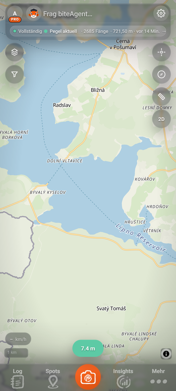 Tiefe nach einem Tipp aufs Wasser am Lipno (BiteMap Pro): 1 Gewässerzeile, 2 Tiefe, 3 Angetippte Stelle