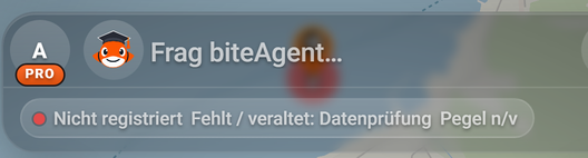 Gewässerzeile, wenn die Kartenmitte an Land liegt: 1 Punkt rot, 2 Nicht registriert, 3 „Fehlt / veraltet: …“