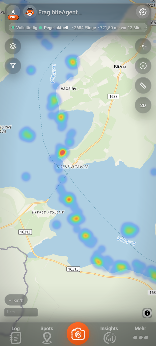 Heatmap deiner Fänge am Lipno: 1 Kartenansicht, 2 Fangfilter, 3 Farbfleck