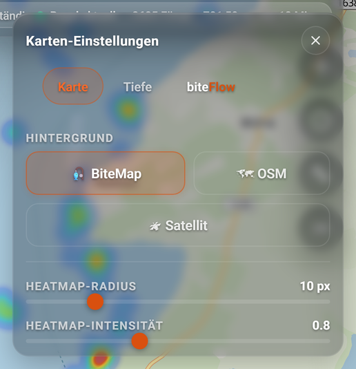 Karten-Einstellungen, Reiter Karte: 1 Karte, 2 🎣 BiteMap, 3 🛰 Satellit, 4 Heatmap-Radius, 5 Schließen, 6 🗺 OSM, 7 Heatmap-Intensität