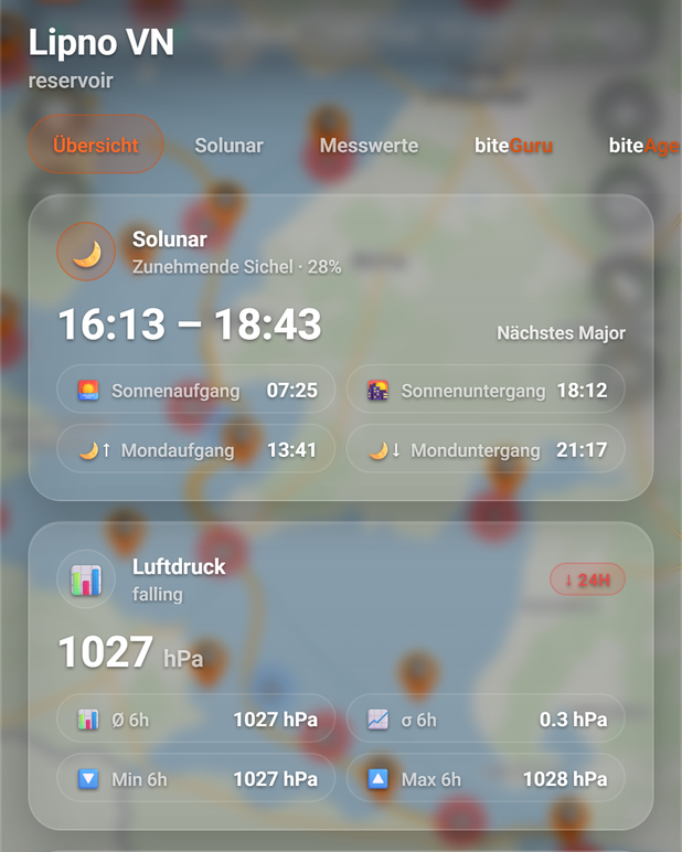 Insights: Kopf, Reiter und die ersten Karten der Übersicht: 1 Gewässerart, 2 Reiter, 3 Solunar, 4 Gewässername, 5 Zeitspanne, 6 Tendenz, 7 Luftdruck