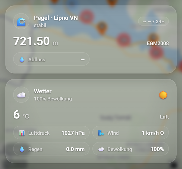 Insights: Wasserstand und Wetter auf der Übersicht: 1 Änderung, 2 Pegel · Gewässername, 3 Wetter, 4 Werte