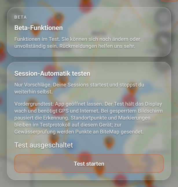 Mehr › Beta: die Karte Session-Automatik testen: 1 Beta-Funktionen, 2 Session-Automatik testen, 3 Vordergrundtest, 4 Statuszeile, 5 Test starten