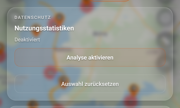 Die Karte Nutzungsstatistiken (Web-App): 1 Nutzungsstatistiken, 2 Analyse aktivieren, 3 Auswahl zurücksetzen