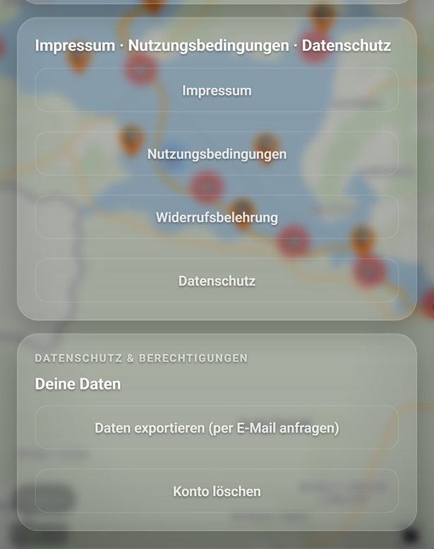Die Karten Rechtstexte und Deine Daten: 1 Impressum · Nutzungsbedingungen · Datenschutz, 2 Deine Daten, 3 Daten exportieren, 4 Konto löschen