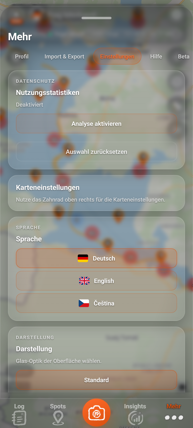 Mehr › Einstellungen, oberer Teil: 1 Einstellungen, 2 Nutzungsstatistiken, 3 Karteneinstellungen, 4 Sprache