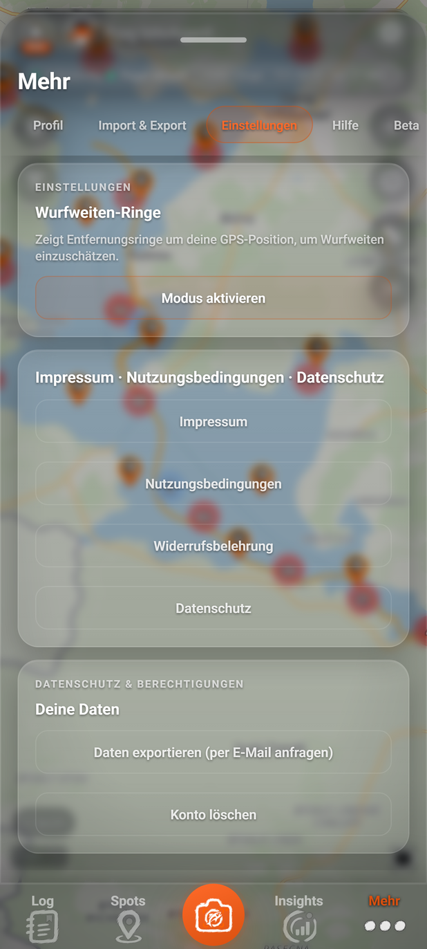 Mehr › Einstellungen, unterer Teil: 1 Wurfweiten-Ringe, 2 Impressum · Nutzungsbedingungen · Datenschutz, 3 Deine Daten