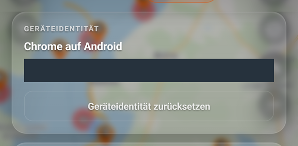 Die Karte Geräteidentität: 1 Gerätename, 2 ID: und die ersten Zeichen der Kennung; der Hinweis erklärt, wofür sie dient. I…, 3 Geräteidentität zurücksetzen